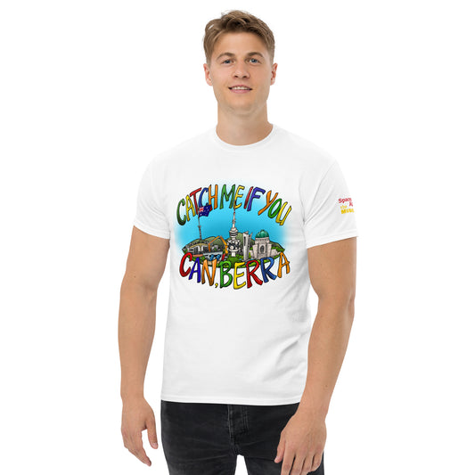 05. Men's white classic tee with Canberra song artwork