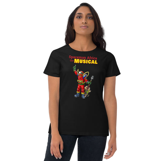 02. Women's black short sleeve t-shirt with Spaceman Africa the Musical logo. Available in black or white.